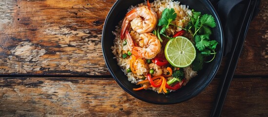 Healthy Asian meal with fried rice, shrimp, lime, veggies in a black bowl on a wooden table. Top view, space for text.