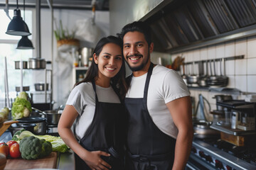 Smiling young hispanic couple posing at their restaurant kitchen	
