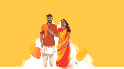 copy space, attractive vector illustration, even colors, an indian man and indian woman celebrating holi festival. illustration of the holi festival in India. Group of smiling people, colored smiling - obrazy, fototapety, plakaty
