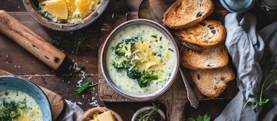 Bird's-eye view of cheesy broccoli soup with toasted bread on a wooden table. - obrazy, fototapety, plakaty