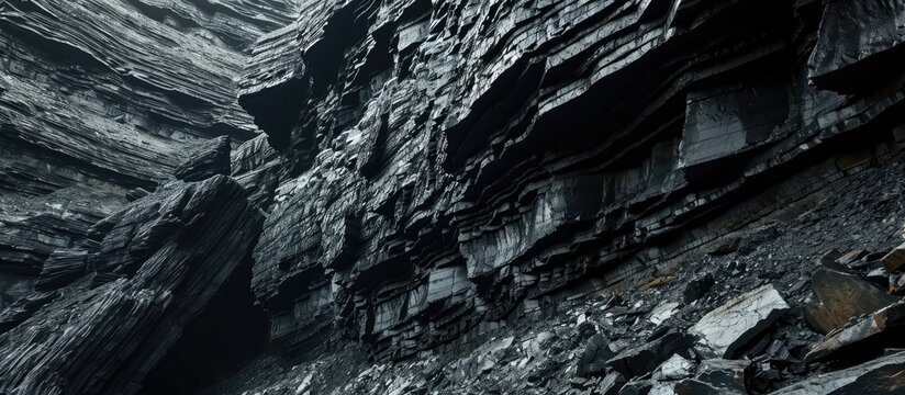 Geological formation: coal and rock layers. Open anthracite mine with dark, black texture.