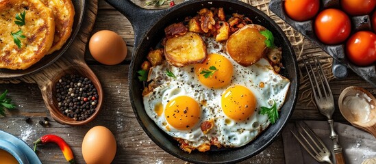 Traditional American breakfast featuring hash and fried eggs, as seen from above. - obrazy, fototapety, plakaty