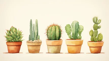 Fototapete Kaktus im Topf A watercolor style, minimal cartoon illustration of different cactuses, green, craft paper.
