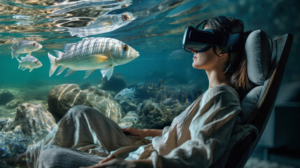 Woman wearing VR goggles to relax and view fish underwater