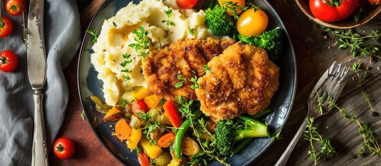 Breaded pork chop with mashed potatoes and veggies. Top view.