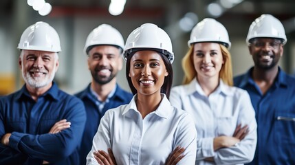 A Confident team of engineers, wearing hard plastic helmets, arms crossed, looking up, white isolated background. - obrazy, fototapety, plakaty