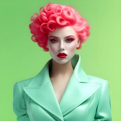 Avant garde stylish fashion shoot of smooth cool lady with red curly hair, bold pop art style color...