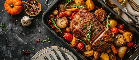 Top view of roast pork and vegetables on dark grey kitchen table. - obrazy, fototapety, plakaty