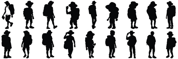 Trekking traveler silhouettes set, large pack of vector silhouette design, isolated white background - obrazy, fototapety, plakaty