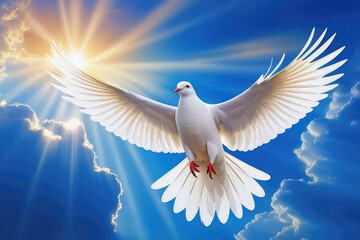 White dove flying on blue sky soaring in the rays of light. .Spirit of god, symbol of peace and love.
Generative AI  - obrazy, fototapety, plakaty