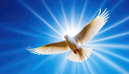 Obraz premium White dove flying on blue sky soaring in the rays of light. .Spirit of god, symbol of peace and love. Generative AI 