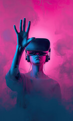 A girl in pink lights underwater wearing virtual reality goggles puts her hands up in the air