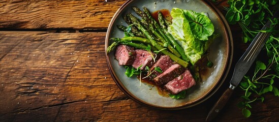 Nordic design plate showcasing dry-aged wagyu roast beef with asparagus and lettuce, seen from above with room for text. - obrazy, fototapety, plakaty