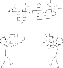Persons or Businessmen Solving Puzzle Together, Vector Cartoon Stick Figure Illustration - 698793039
