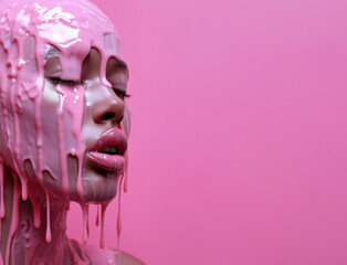 Girl's face with pink paint smudges on pink background