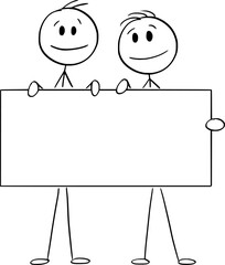 Two Persons or Businessmen Holding Empty Sign, Vector Cartoon Stick Figure Illustration
