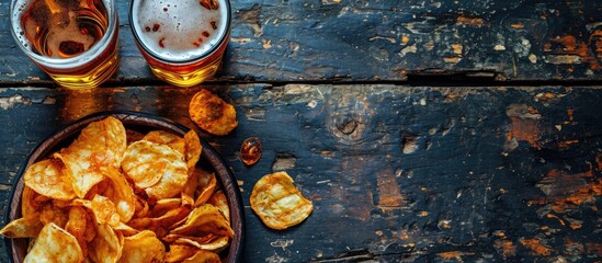 Two glasses of beer and chips on a dark wooden background, viewed from above, with space for text. - Powered by Adobe