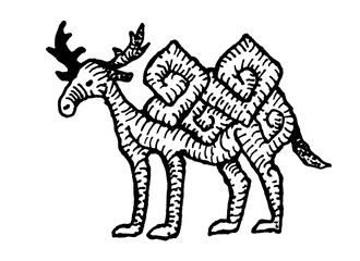 Fototapeta na wymiar Deer Camel horns tattoo vintage print stamp