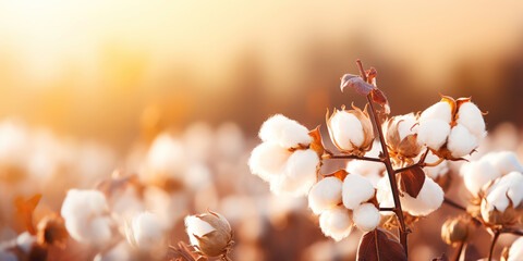 Closeup of cotton balls on a branch in a sunshine rays on the summer field. Generative AI - obrazy, fototapety, plakaty