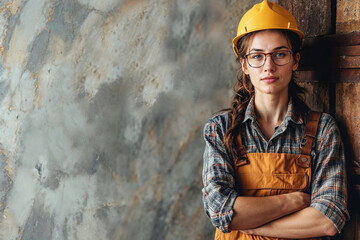 Confident female construction worker with her arms crossed with a gray background for copy paste