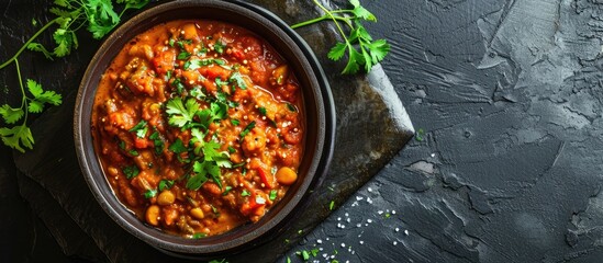 Top view of Indian vegetarian Asian food - Veg Kolhapuri curry dish served in a black bowl on a...