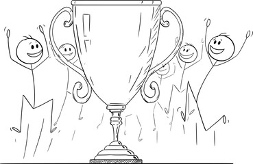 Team Celebrating with Victory Trophy Cup, Vector Cartoon Stick Figure Illustration