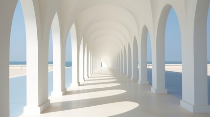 Long corridor with arches leading to the sea. 3D rendering Generative AI