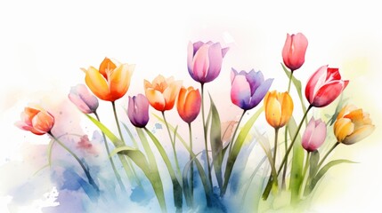 Tulips. Spring flowers. Watercolor painting on white background Generative AI