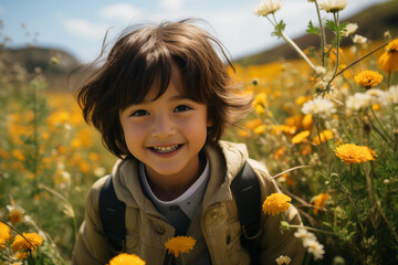 Bambina di origini asiatiche di 7 anni corre felice in un prato pieno di fiori in primavera