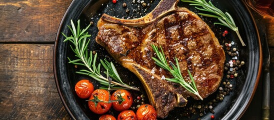 Grilled T-bone steak from top view.