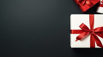 White gift box with red ribbon on black background. Top view. Generative AI