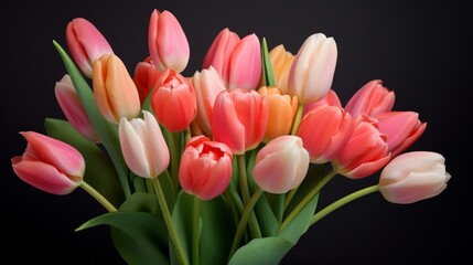 Bouquet of pink and orange tulips on a black background Generative AI