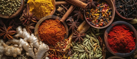 Bird's-eye view of diverse dried spices found in Garam Masala. - obrazy, fototapety, plakaty