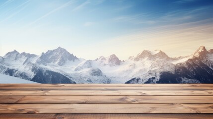 Wooden table top on winter mountains background with snow and blue sky Generative AI