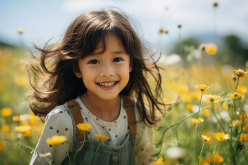 Bella bambina di origini asiatiche di 7 anni corre felice in un prato pieno di fiori in primavera - obrazy, fototapety, plakaty