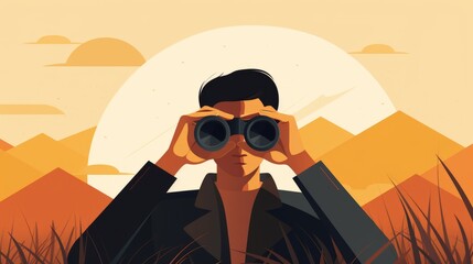 Young man looking through binoculars. Flat style vector illustration. Generative AI - obrazy, fototapety, plakaty