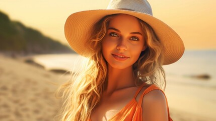 Portrait of beautiful young woman in hat on beach at sunset. Skin Care Cosmetics Concept. - obrazy, fototapety, plakaty