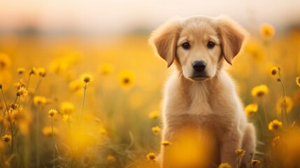 Cute Golden Retriever puppy sitting in a field of yellow flowers Generative AI