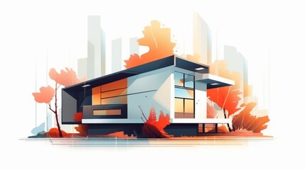 Modern house on a background of the autumn landscape. illustration. Generative AI