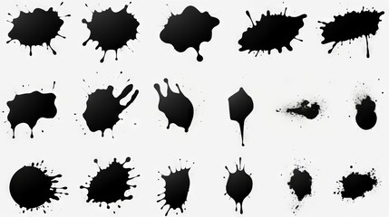Set of black ink splashes isolated on white background. illustration. Generative AI