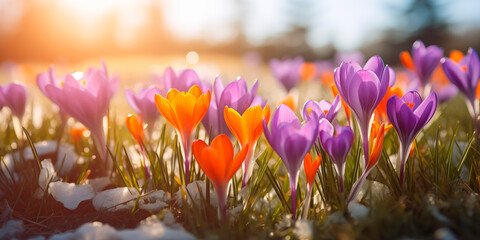 Multi-colored crocuses in the forest on a sunny spring day