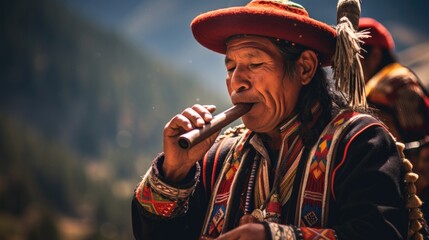 traditional Andean musician playing a pan flute during a music festival generative ai