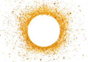 Minced curry pile, turmeric, fenugreek, mustard, coriander, paprika, pepper and cumin, frame isolated on white