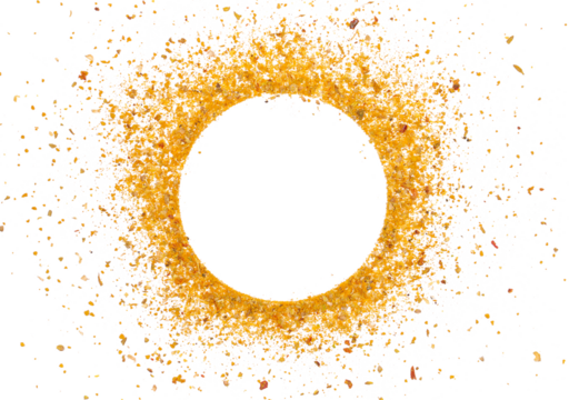 Minced curry pile, turmeric, fenugreek, mustard, coriander, paprika, pepper and cumin, frame isolated on white