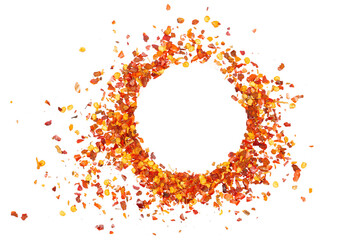 Spicy chili red pepper flakes, chopped, milled dry paprika pile isolated on white