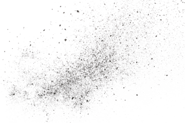 Black chalk pieces and dust flying, effect explode isolated on white