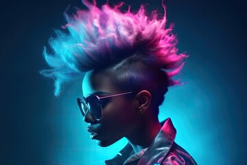 Beautiful young african american woman with pink hair and blue sunglasses. Portrait of a girl in neon light. The concept of the 80s