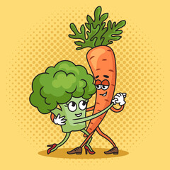 broccoli and carrot dance tango pop art retro hand drawn raster illustration. Comic book style imitation.