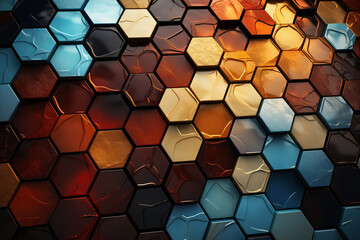 Abstract 3d metal, gold, amber and cooper hexagons background in perspective view. 3d render illustration.