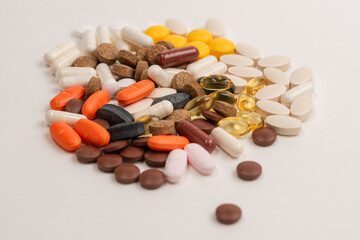 Background with medicines, large amount of pills,Painkiller pills pile. Pharmacy, Tablets stacked